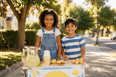 Children at Lemonade Stand on Sidewalk