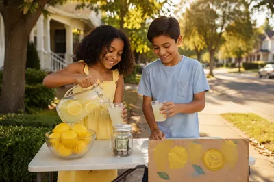 Children Running Lemonade Stand on Sidewalk