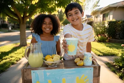 Children at Lemonade Stand on Sidewalk