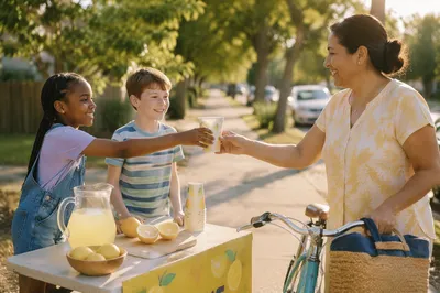 Children Selling Lemonade on Sunny Sidewalk