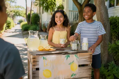 Children Running Lemonade Stand on Sidewalk