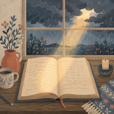 Open Aged Journal by Rainy Window