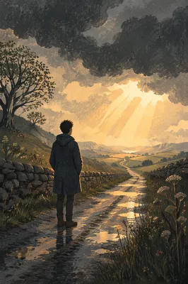 Solitary Figure Facing Hopeful Storm Light