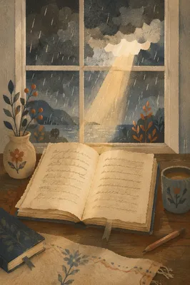 Open Aged Journal by Rainy Window