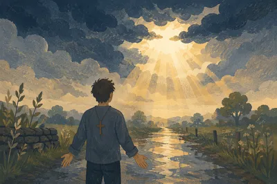 Hopeful Figure Beneath Breaking Storm Clouds