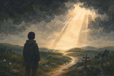 Hopeful Sunlight Over Rainy Hillside Path