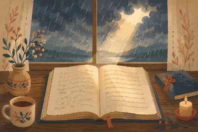Open Aged Journal by Rainy Window