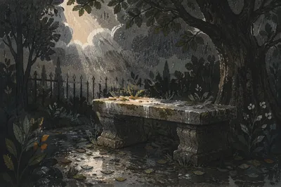 Sunlight Breaking Over a Memorial Bench