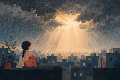 Golden Hope Through Storm Clouds Over City