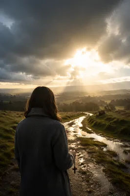 Sunlight Through Storm Clouds Over Hillside