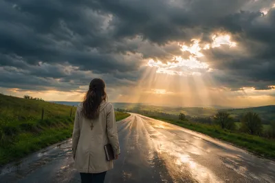Sunlight Through Storm Clouds on Country Road
