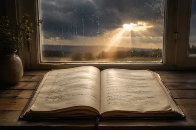 Open Aged Journal by Rainy Window