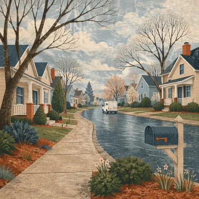 Quiet Suburban Street With Mailbox