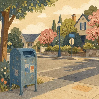 Blue Mailbox on Quiet Suburban Corner