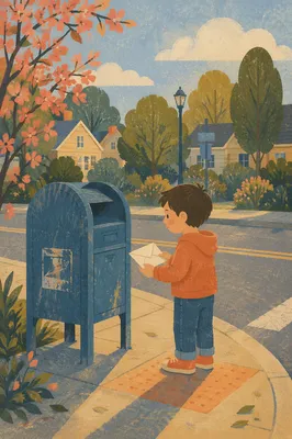 Blue Mailbox on Quiet Suburban Corner