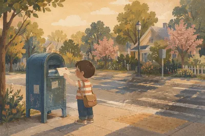 Blue Mailbox on Quiet Suburban Corner