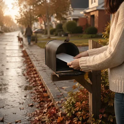 Mailing a Letter on Quiet Suburban Street