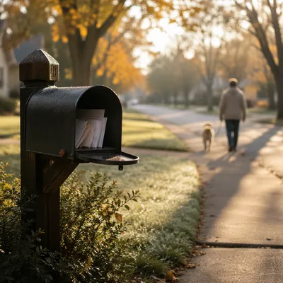 Quiet Suburban Mailbox in Autumn Morning