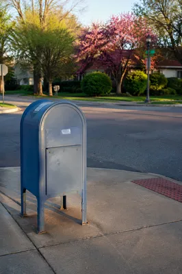 Blue Mailbox on Quiet Suburban Street