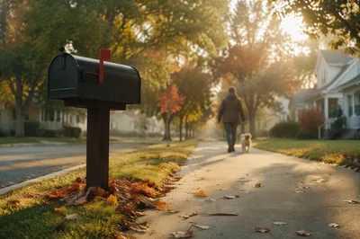 Raised Mailbox Flag on Autumn Suburban Street