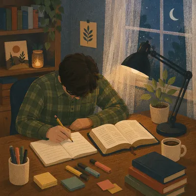Man Studying Bible by Warm Desk Lamp