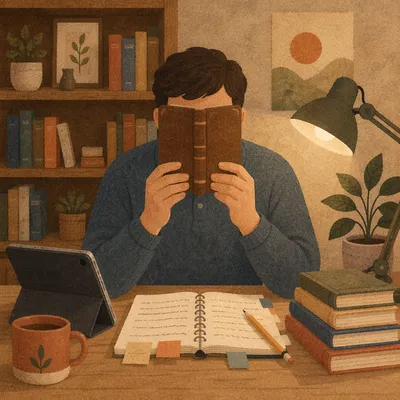 Man Reading Bible by Warm Desk Lamp