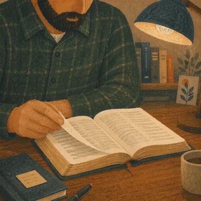 Man Reading Bible by Warm Desk Lamp