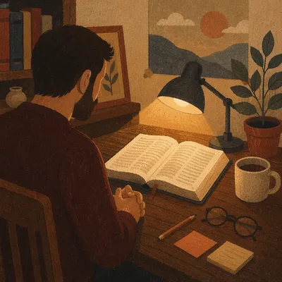 Man Reading Bible by Warm Desk Lamp