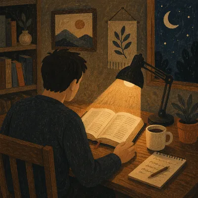 Man Reading Bible by Warm Desk Lamp