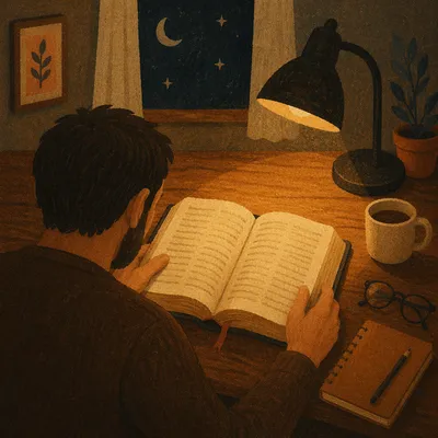 Man Reading Bible by Warm Desk Lamp