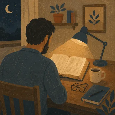 Man Reading Bible by Warm Desk Lamp