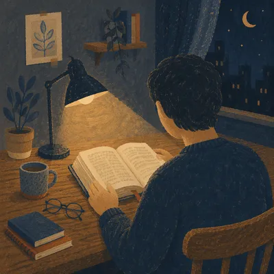 Man Reading Bible by Desk Lamp