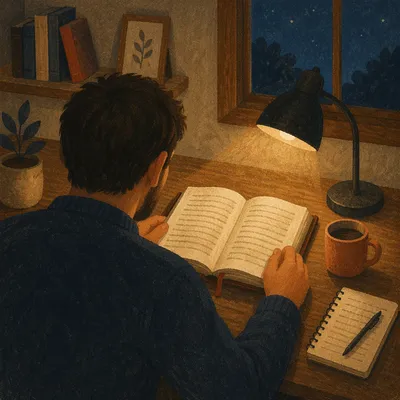 Man Reading Bible by Desk Lamp