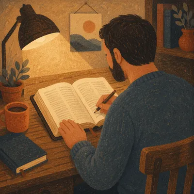 Man Reading Bible by Warm Lamp Light