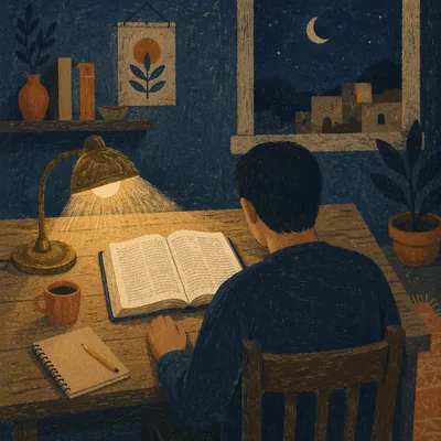 Man Reading Bible by Warm Desk Lamp