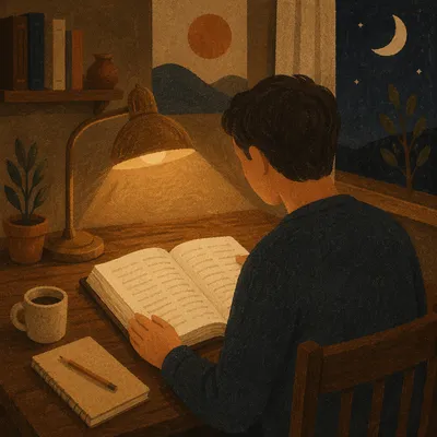 Man Reading Bible by Warm Desk Lamp