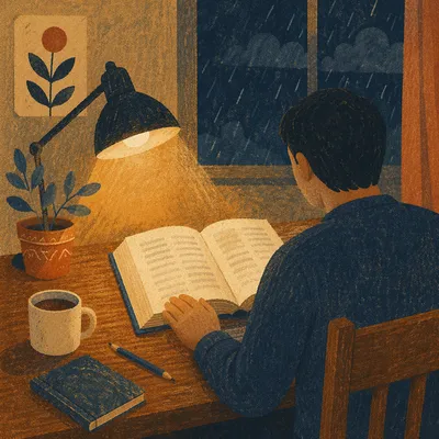 Man Reading Bible by Warm Desk Lamp