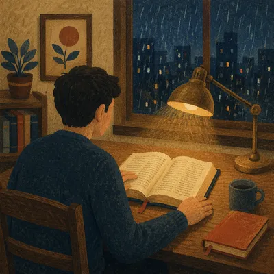 Man Reading Bible by Warm Desk Lamp