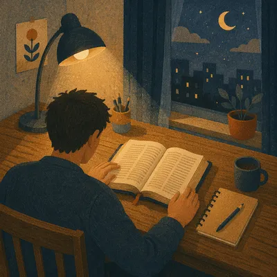 Man Reading Bible by Warm Desk Lamp