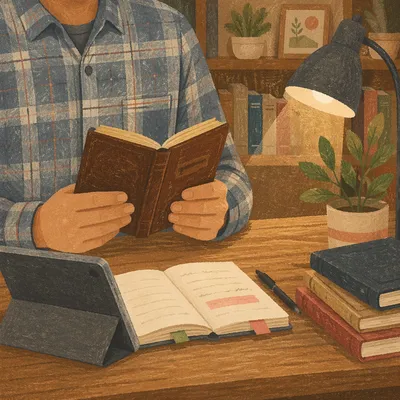 Man Reading Bible by Desk Lamp
