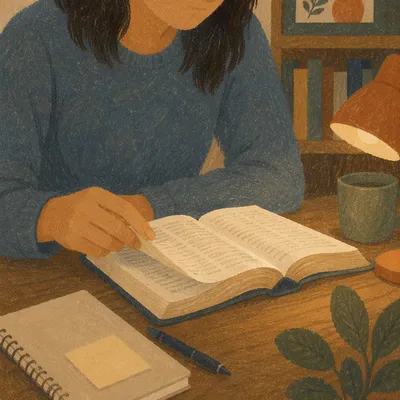 Quiet Bible Reading by Desk Lamp