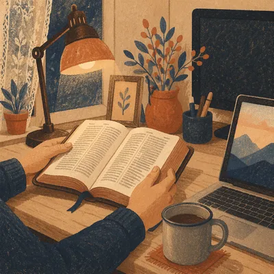 Evening Bible Reading by Desk Lamp