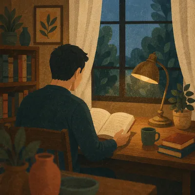 Man Reading Bible by Desk Lamp