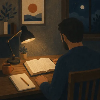 Man Reading Bible by Warm Desk Lamp