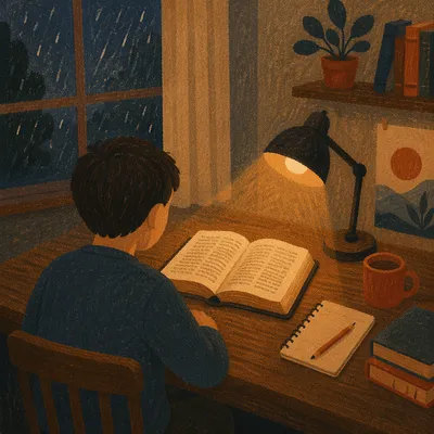 Man Reading Bible by Warm Desk Lamp