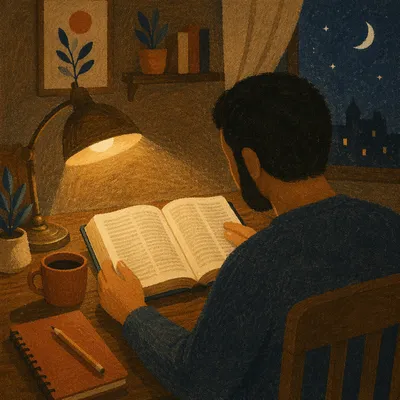 Man Reading Bible by Warm Desk Lamp