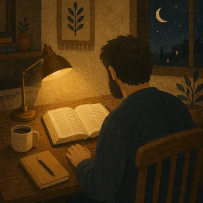 Man Reading Bible by Warm Desk Lamp