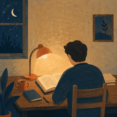 Man Reading Bible by Warm Desk Lamp
