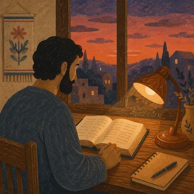 Man Reading Bible by Warm Desk Lamp