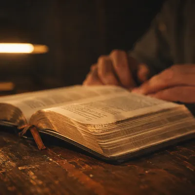 Quiet Bible Reading by Warm Desk Lamp